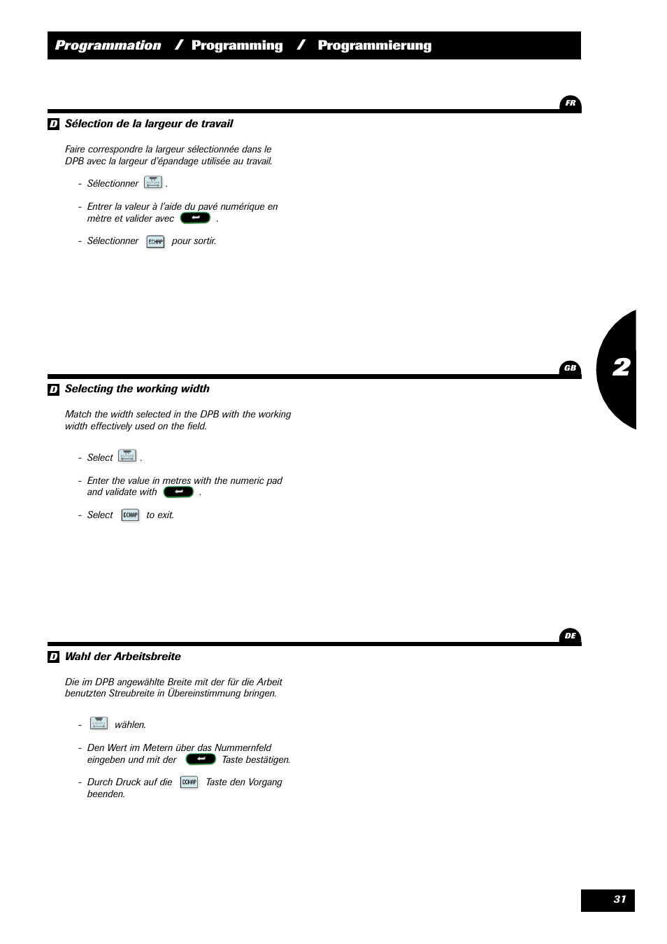 Programmation, Programming, Programmierung 1 | Sulky VISION 2 DPB User Manual | Page 31 / 71