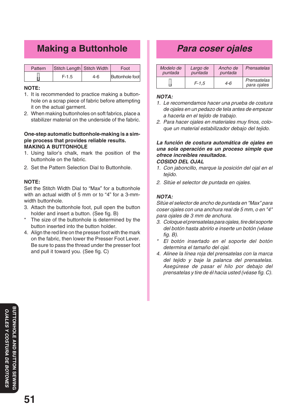 Para coser ojales, Making a buttonhole | Brother STAR 120E User Manual | Page 58 / 93