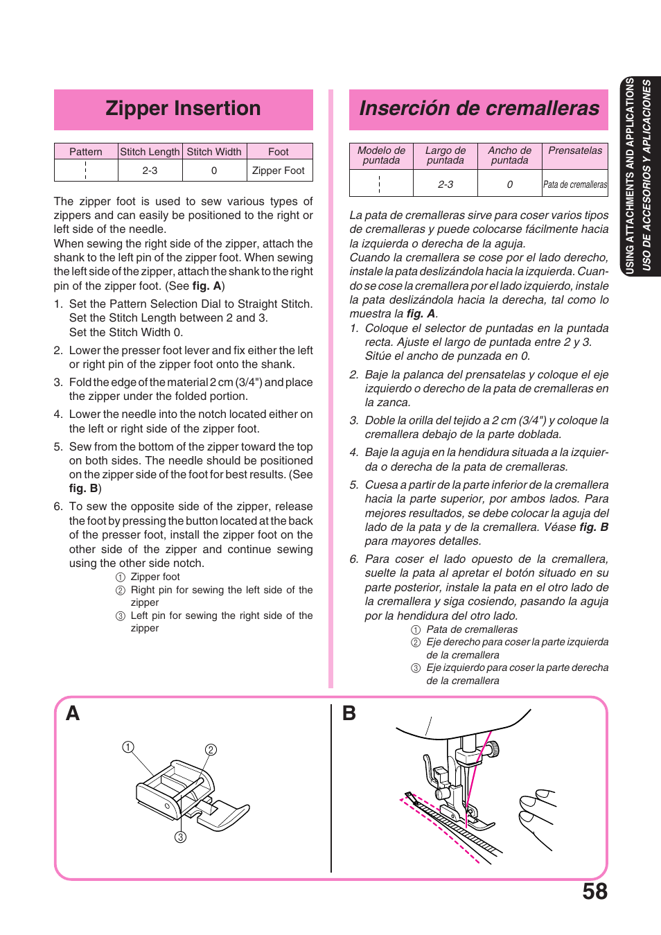 Inserción de cremalleras, Zipper insertion | Brother STAR 120E User Manual | Page 65 / 93