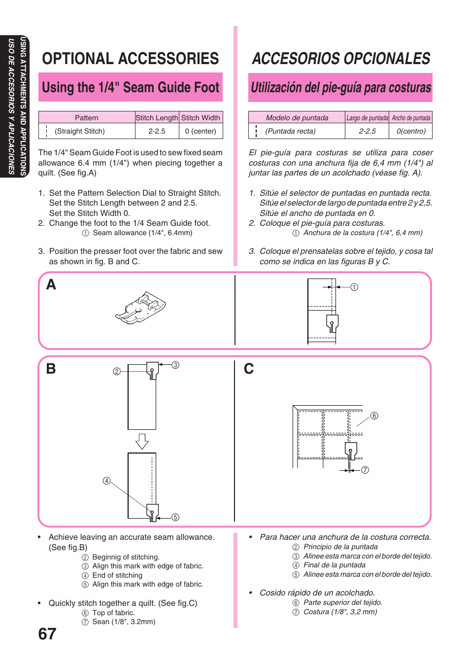 Optional accessories, Accesorios opcionales, Using the 1/4" seam guide foot | Ab c, Utilización del pie-guía para costuras | Brother STAR 120E User Manual | Page 74 / 93