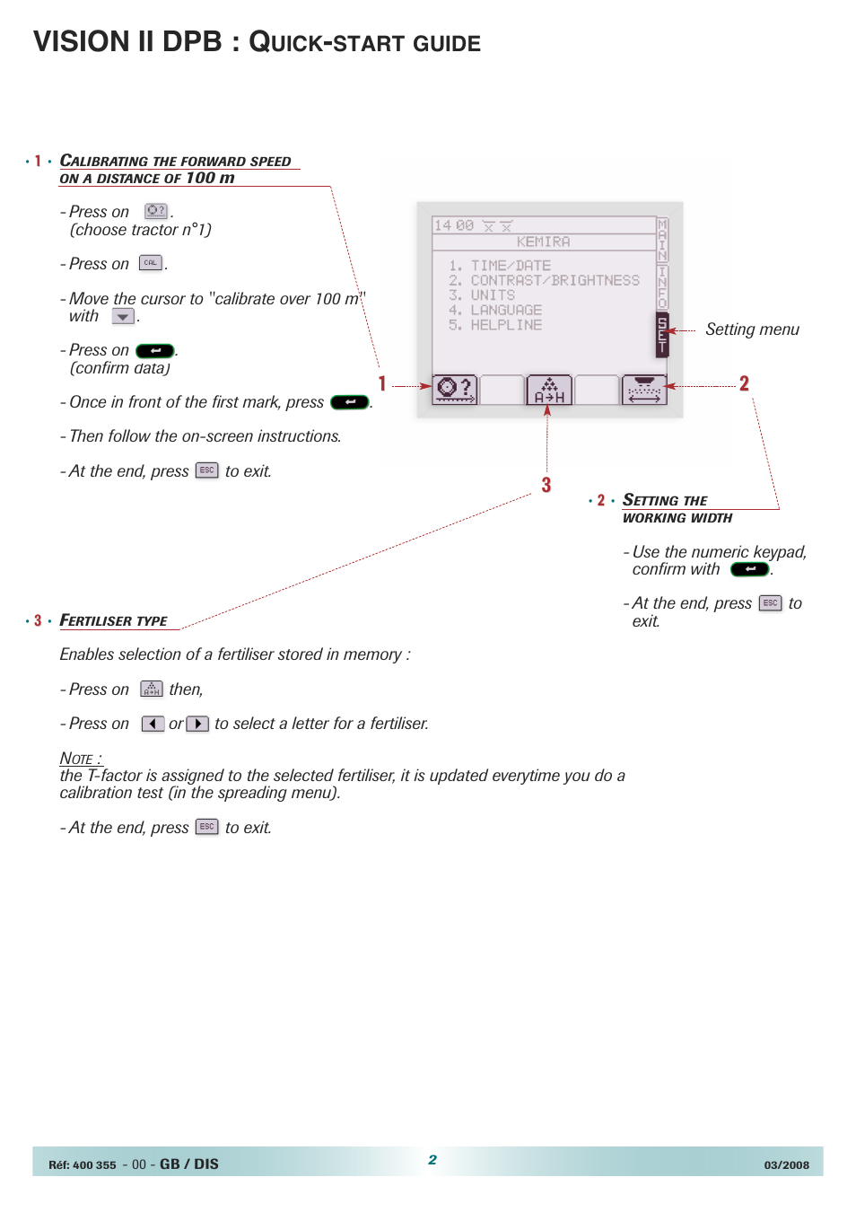 Vision ii dpb : q, Uick, Start guide | Sulky VISION 2 DPB Quick set-up User Manual | Page 2 / 4