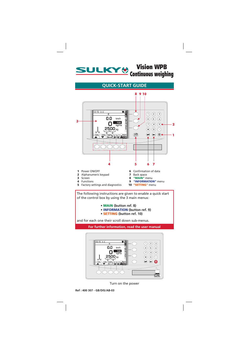 Sulky VISION WPB Quick set-up User Manual | 6 pages