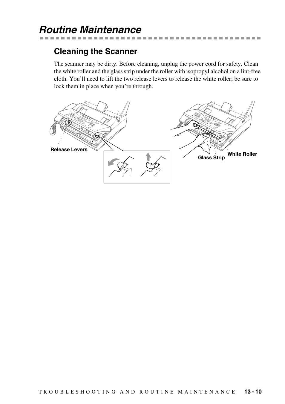 Routine maintenance -10, Cleaning the scanner -10, Cleaning the scanner | Routine maintenance | Brother IntelliFAX 1575MC User Manual | Page 103 / 116
