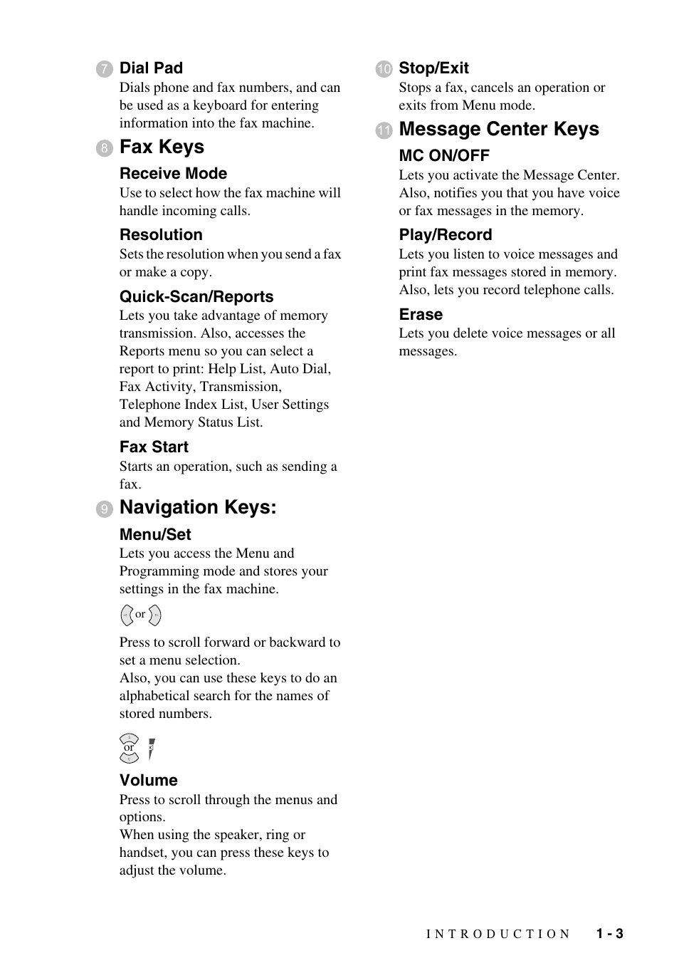 Fax keys, Navigation keys, Message center keys | Brother IntelliFAX 1575MC User Manual | Page 17 / 116
