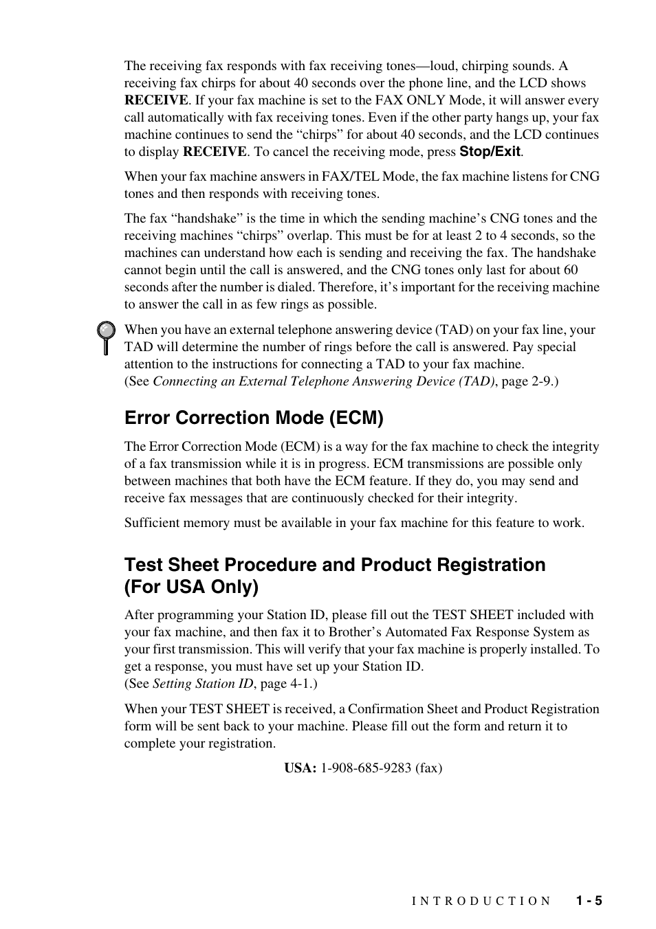 For usa only) -5, Error correction mode (ecm) | Brother IntelliFAX 1575MC User Manual | Page 19 / 116