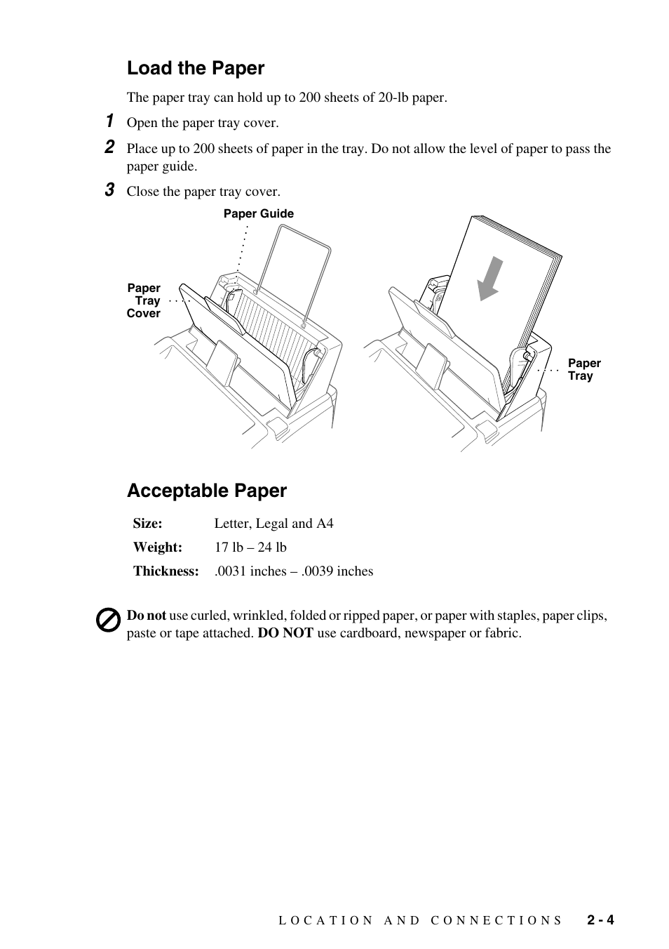 Load the paper -4 acceptable paper -4, Load the paper, Acceptable paper | Brother IntelliFAX 1575MC User Manual | Page 23 / 116