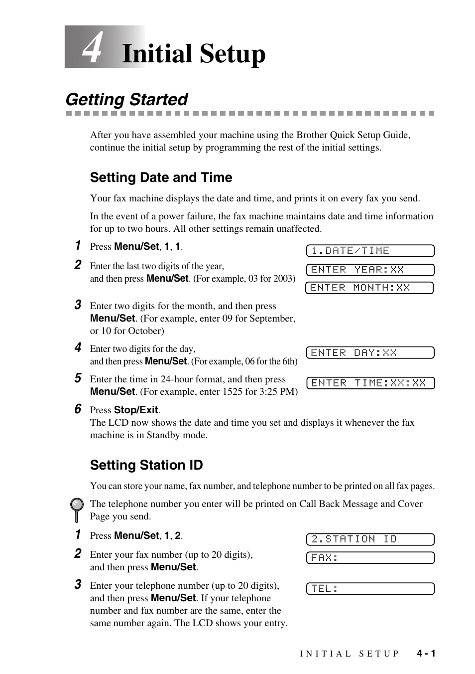 Initial setup -1, Getting started -1, Setting date and time -1 setting station id -1 | Setting station id, Initial setup, Getting started | Brother IntelliFAX 1575MC User Manual | Page 37 / 116