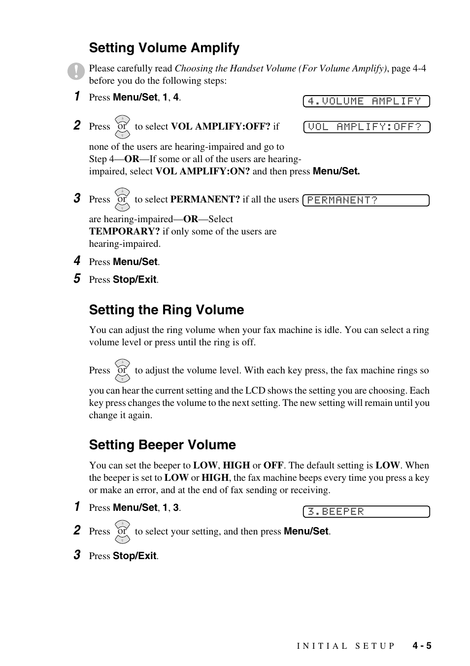 Setting volume amplify 1, Setting the ring volume, Setting beeper volume | Brother IntelliFAX 1575MC User Manual | Page 41 / 116