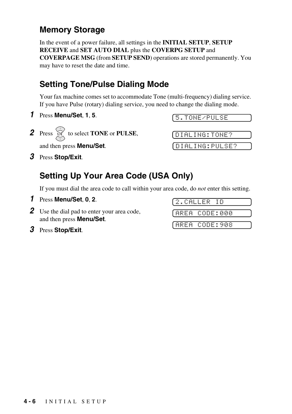 Setting tone/pulse dialing mode, Setting up your area code (usa only) | Brother IntelliFAX 1575MC User Manual | Page 42 / 116