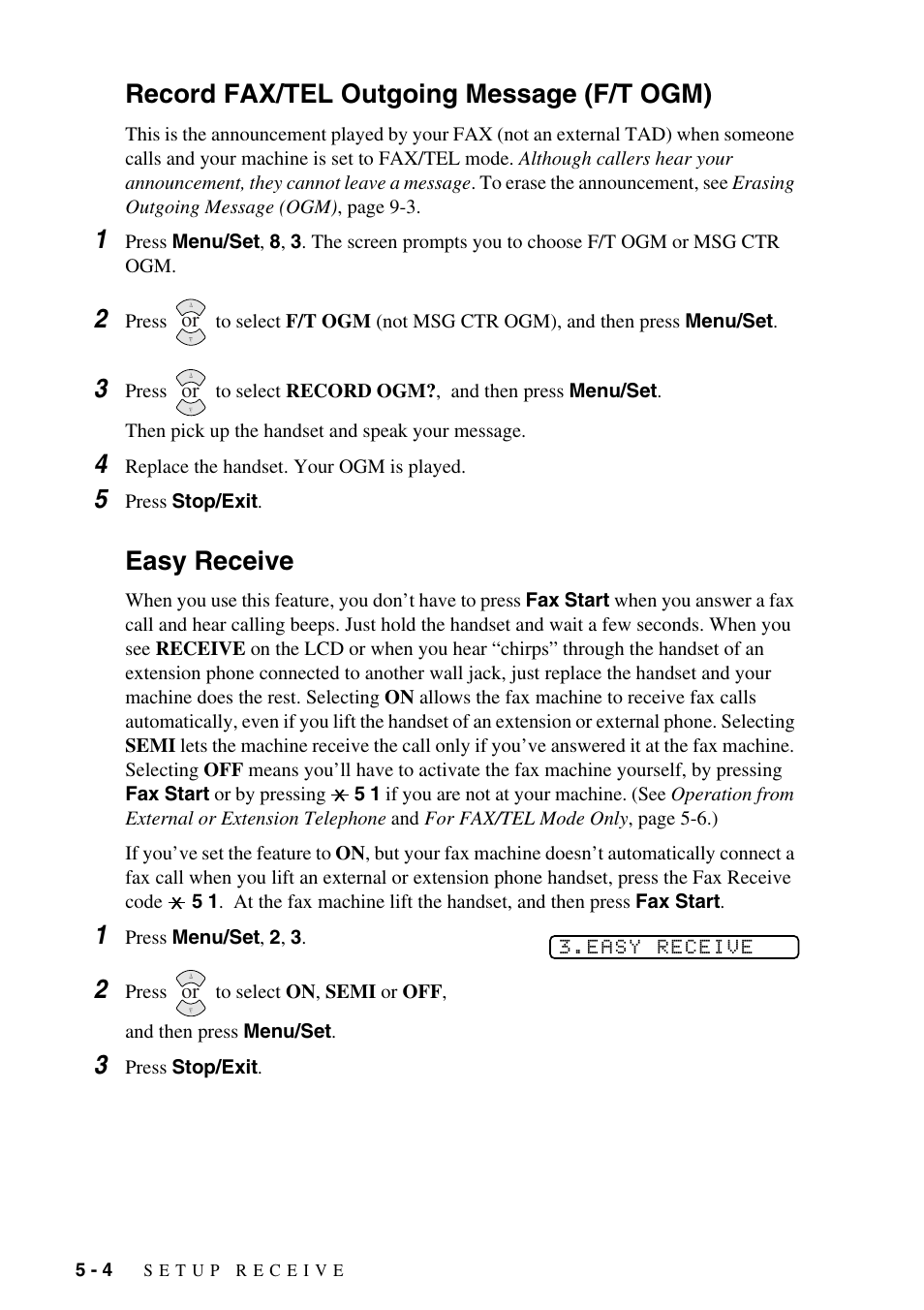 Record fax/tel outgoing message (f/t ogm) -4, Record fax/tel outgoing message (f/t ogm), Easy receive | Brother IntelliFAX 1575MC User Manual | Page 46 / 116