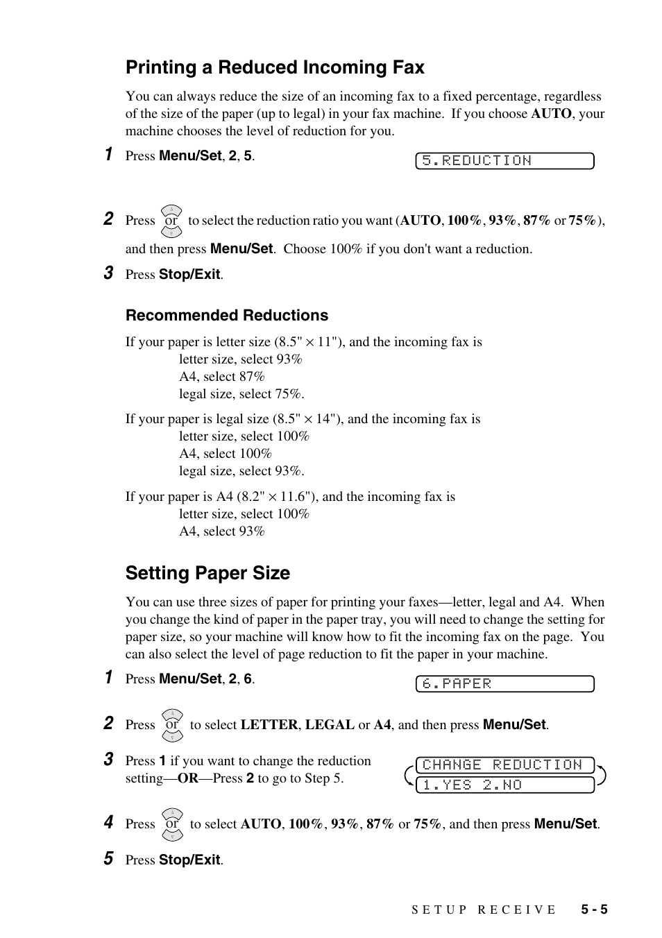 Printing a reduced incoming fax -5, Recommended reductions -5, Setting paper size -5 | Changing one touch and speed dial numbers, Printing a reduced incoming fax, Setting paper size | Brother IntelliFAX 1575MC User Manual | Page 47 / 116