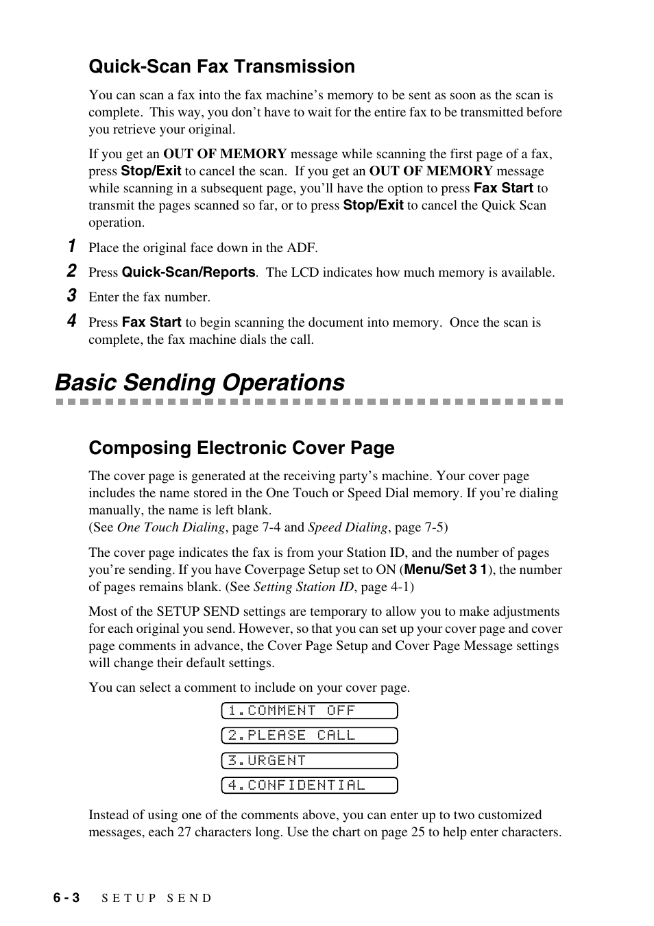 Quick-scan fax transmission -3, Basic sending operations -3, Basic sending operations | Quick-scan fax transmission, Composing electronic cover page | Brother IntelliFAX 1575MC User Manual | Page 52 / 116