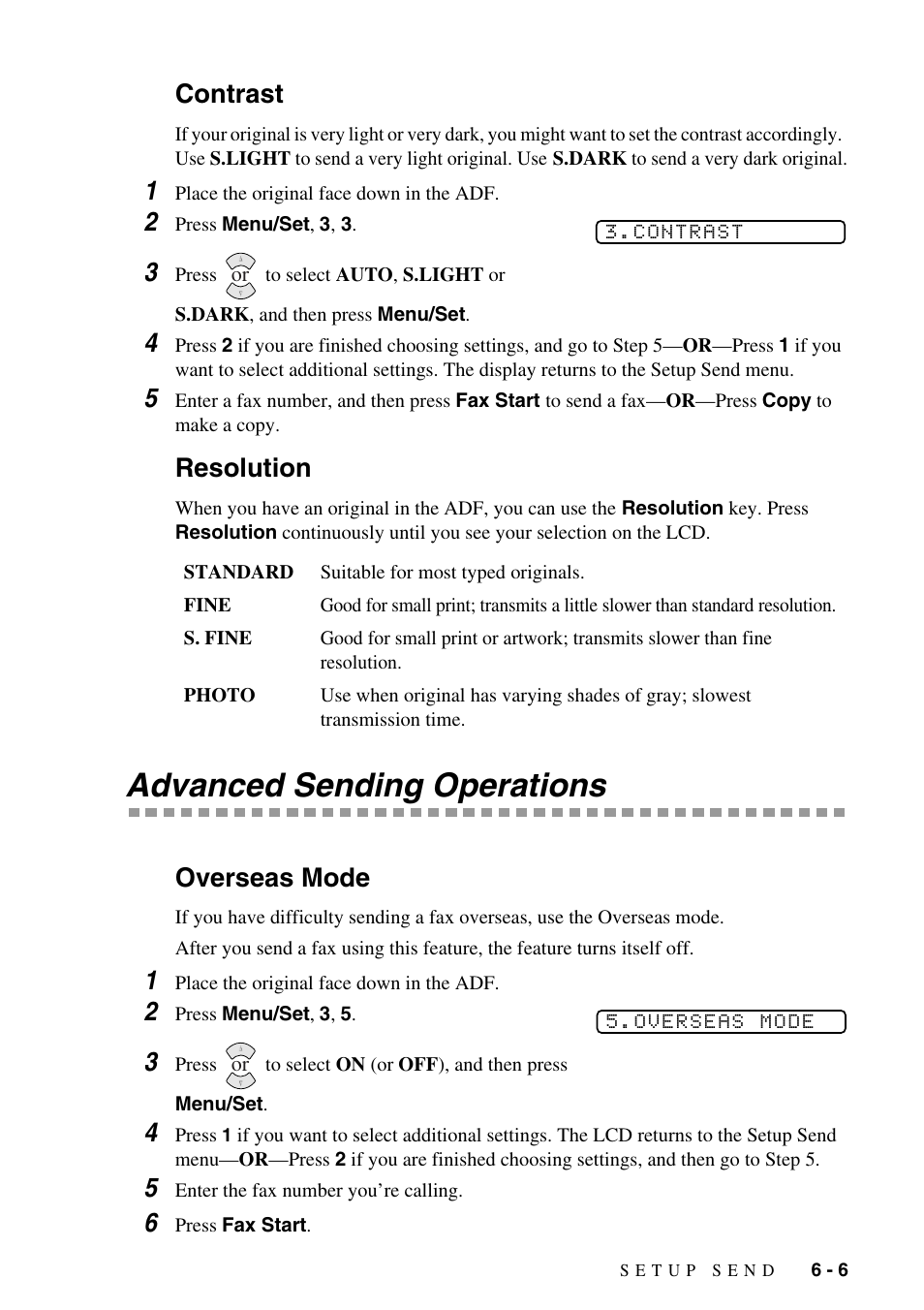Contrast -6 resolution -6, Advanced sending operations -6, Overseas mode -6 | Advanced sending operations, Contrast, Resolution, Overseas mode | Brother IntelliFAX 1575MC User Manual | Page 55 / 116