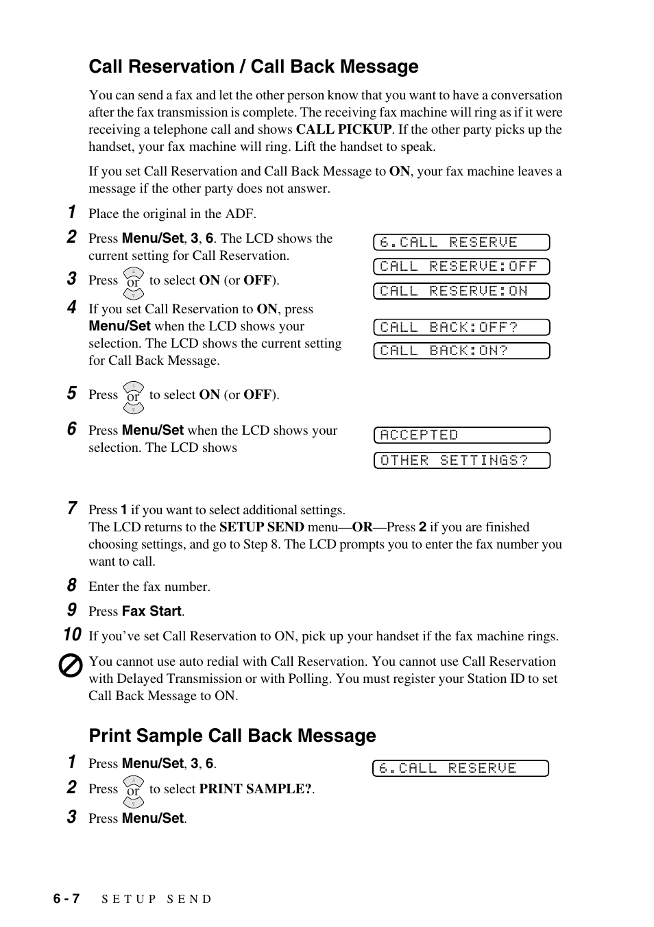 Call reservation / call back message, Print sample call back message 1 | Brother IntelliFAX 1575MC User Manual | Page 56 / 116