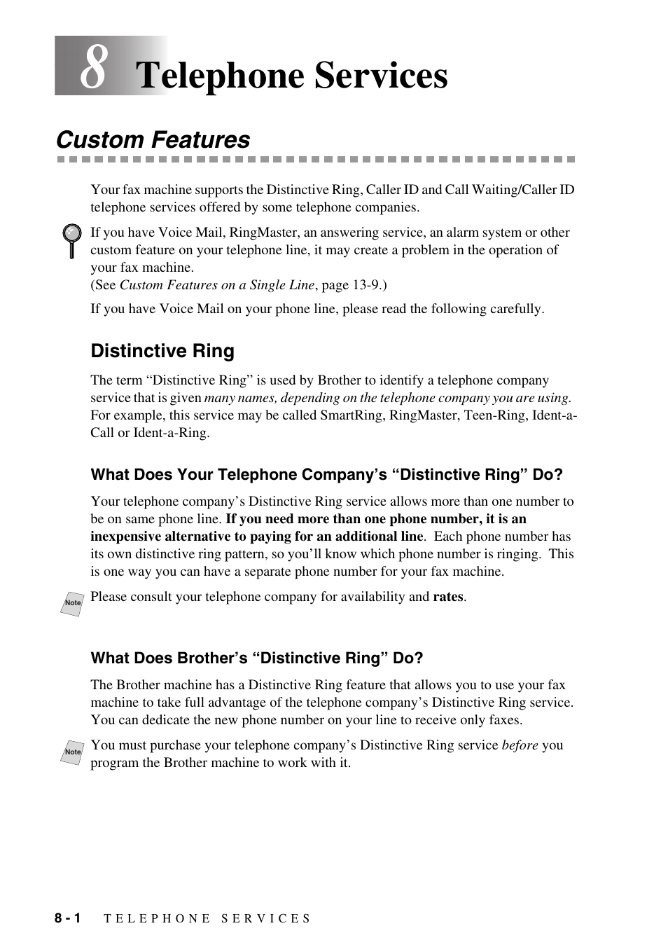 Telephone services -1, Custom features -1, Distinctive ring -1 | What does your telephone company’s, Distinctive ring” do? -1, What does brother’s “distinctive ring” do? -1, Telephone services, Custom features | Brother IntelliFAX 1575MC User Manual | Page 68 / 116