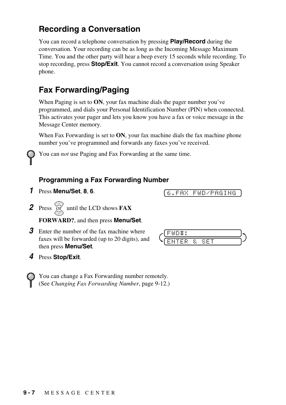 Programming a fax forwarding number -7, Recording a conversation, Fax forwarding/paging | Brother IntelliFAX 1575MC User Manual | Page 80 / 116