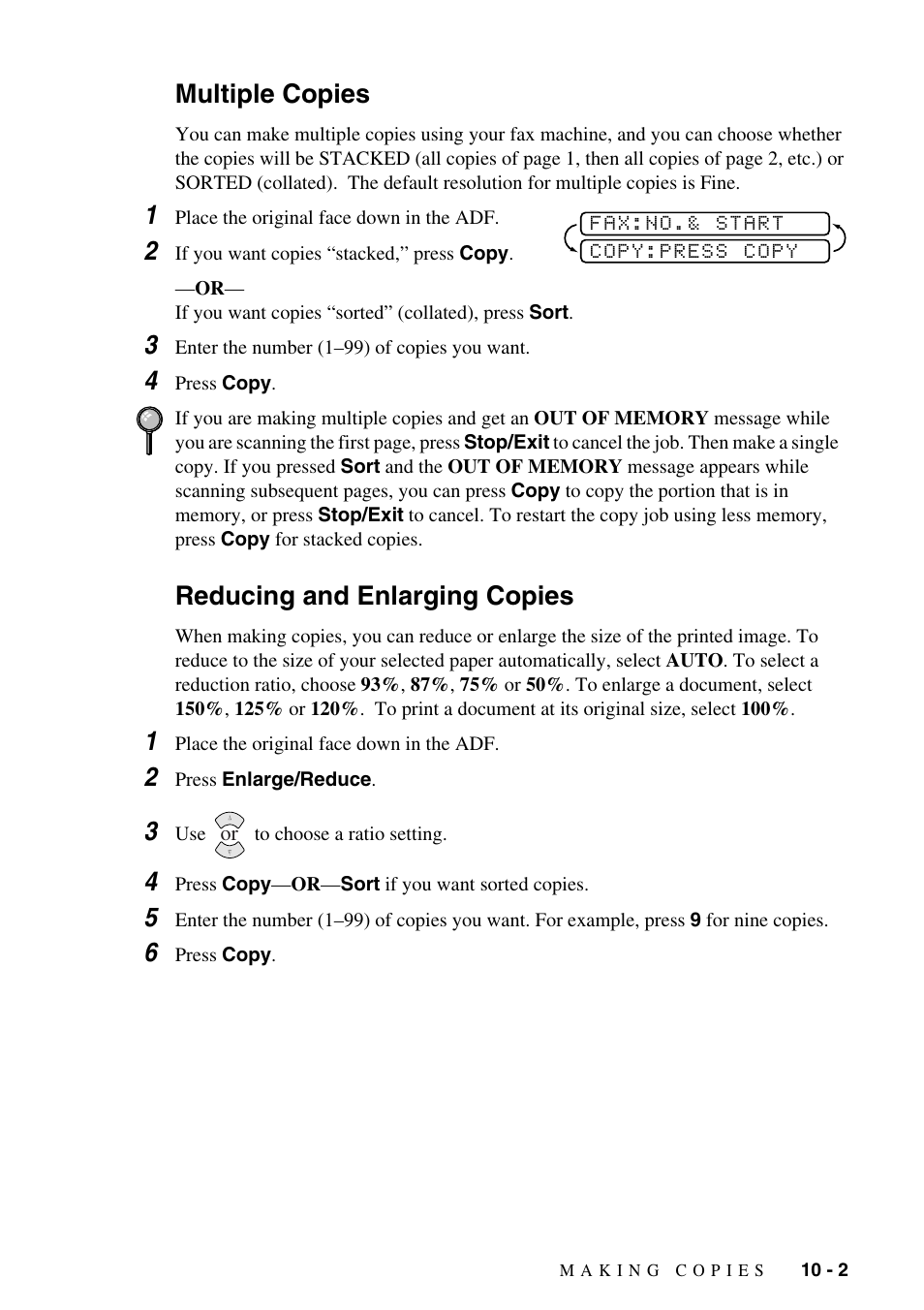 Multiple copies, Reducing and enlarging copies | Brother IntelliFAX 1575MC User Manual | Page 87 / 116