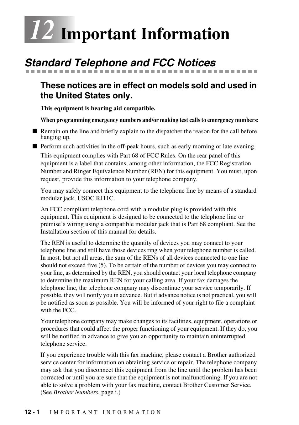 Important information -1, Standard telephone and fcc notices -1, Important information | Standard telephone and fcc notices | Brother IntelliFAX 1575MC User Manual | Page 90 / 116