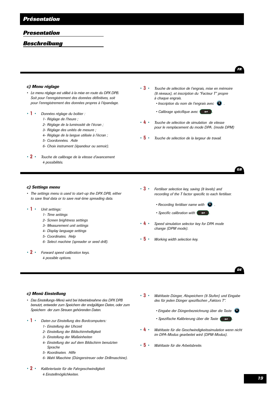 Présentation, Presentation beschreibung | Sulky VISION 2 DPB User Manual | Page 19 / 51