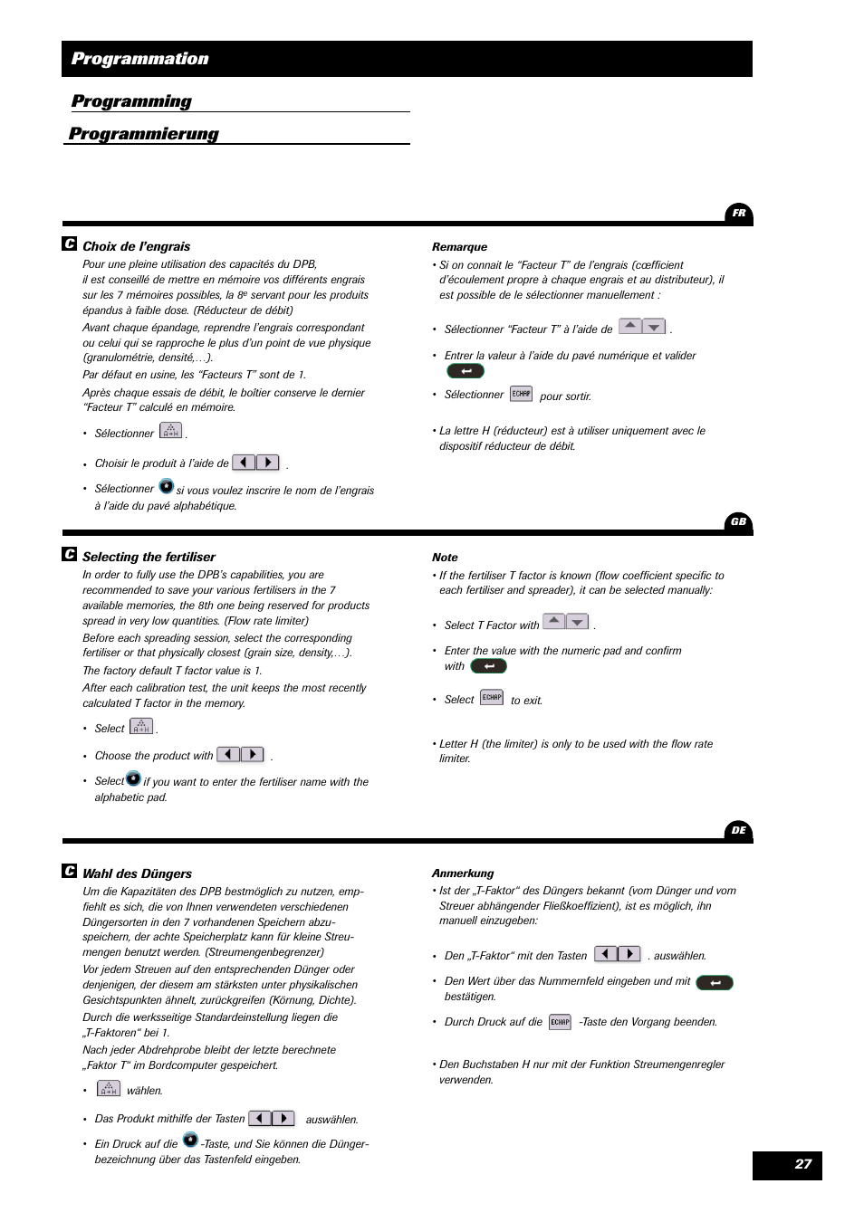 Programmation, Programming programmierung | Sulky VISION 2 DPB User Manual | Page 27 / 51