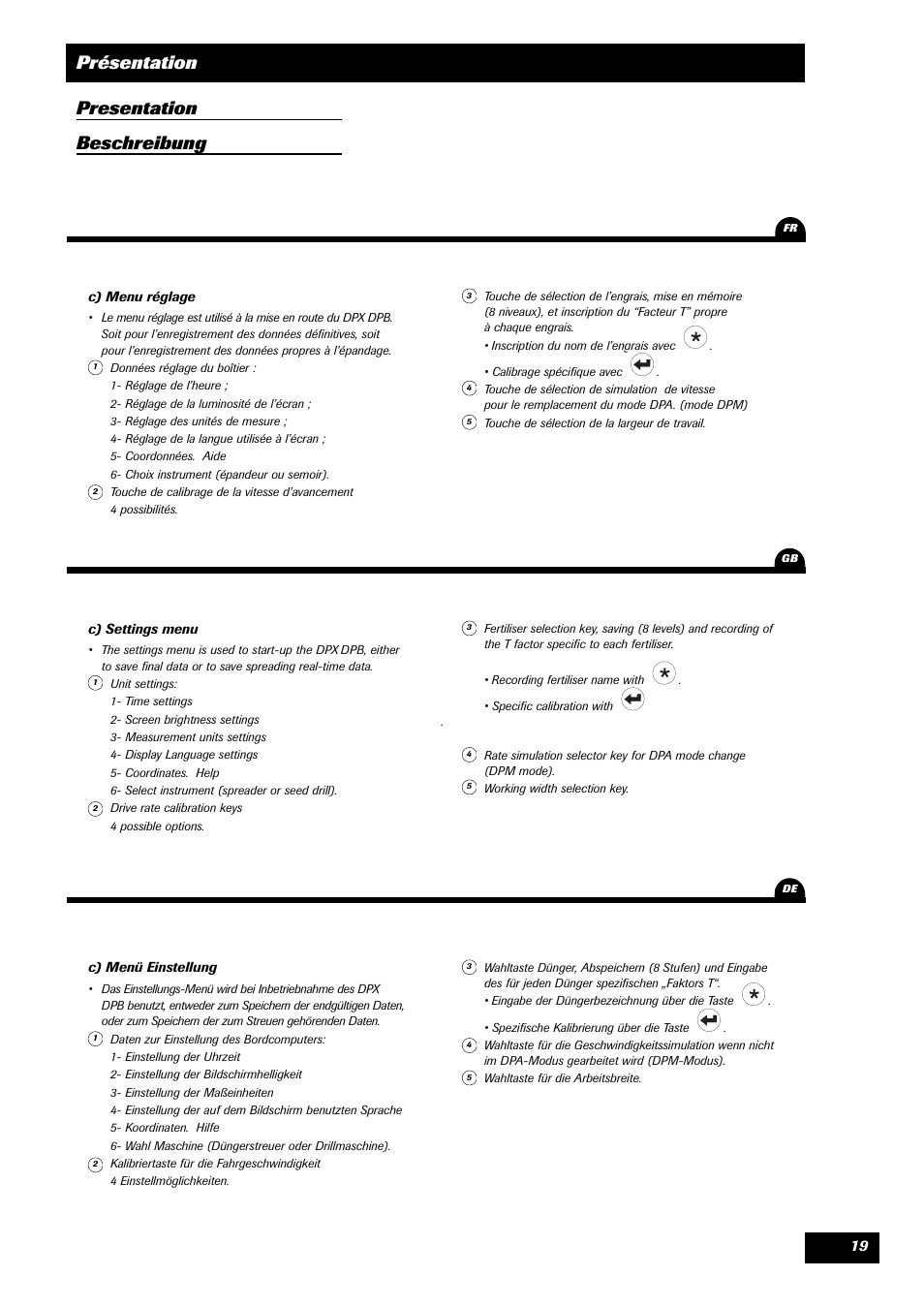 Présentation, Presentation beschreibung | Sulky VISION 1 DPB User Manual | Page 19 / 51