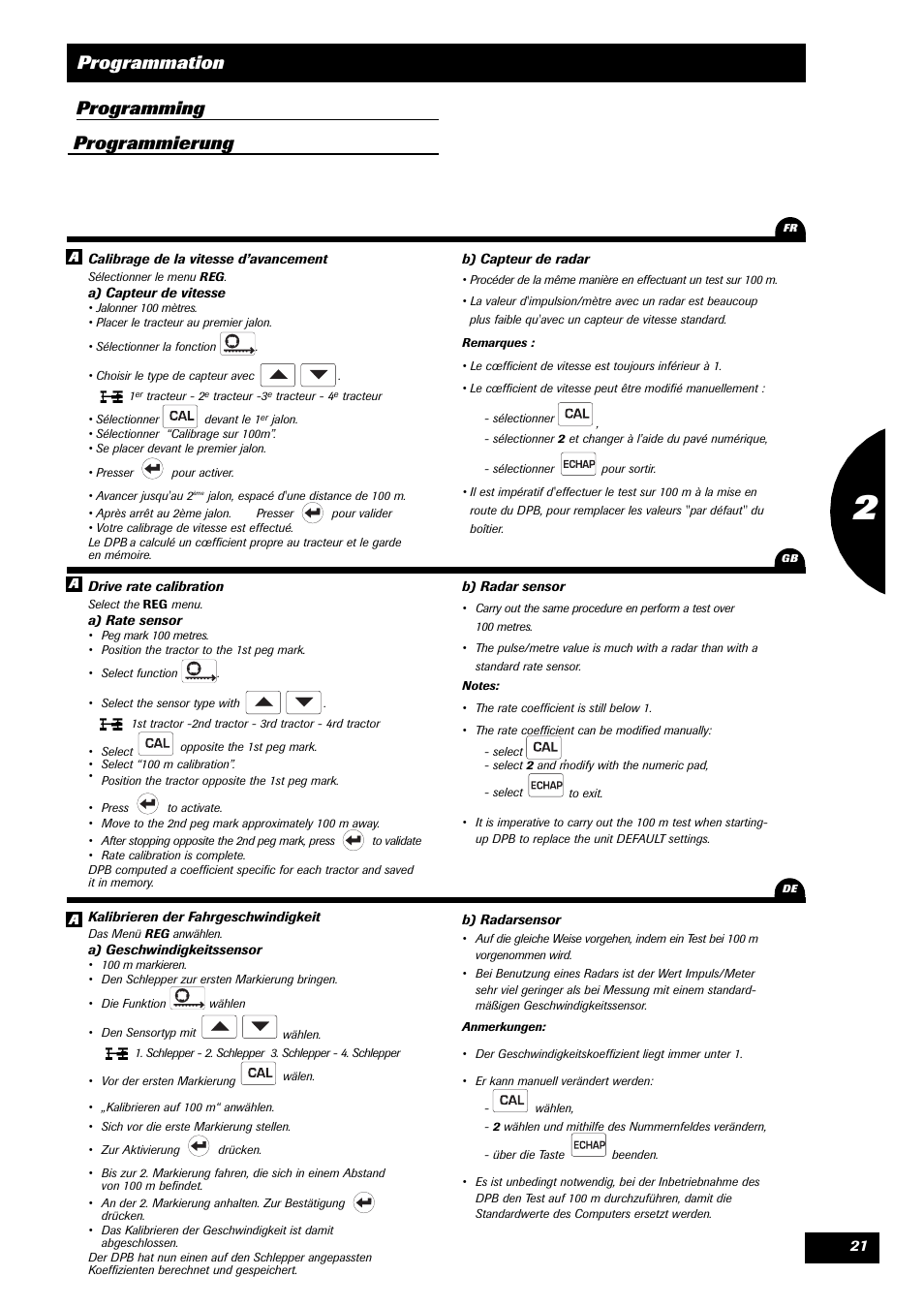 Programmation, Programming programmierung | Sulky VISION 1 DPB User Manual | Page 21 / 51