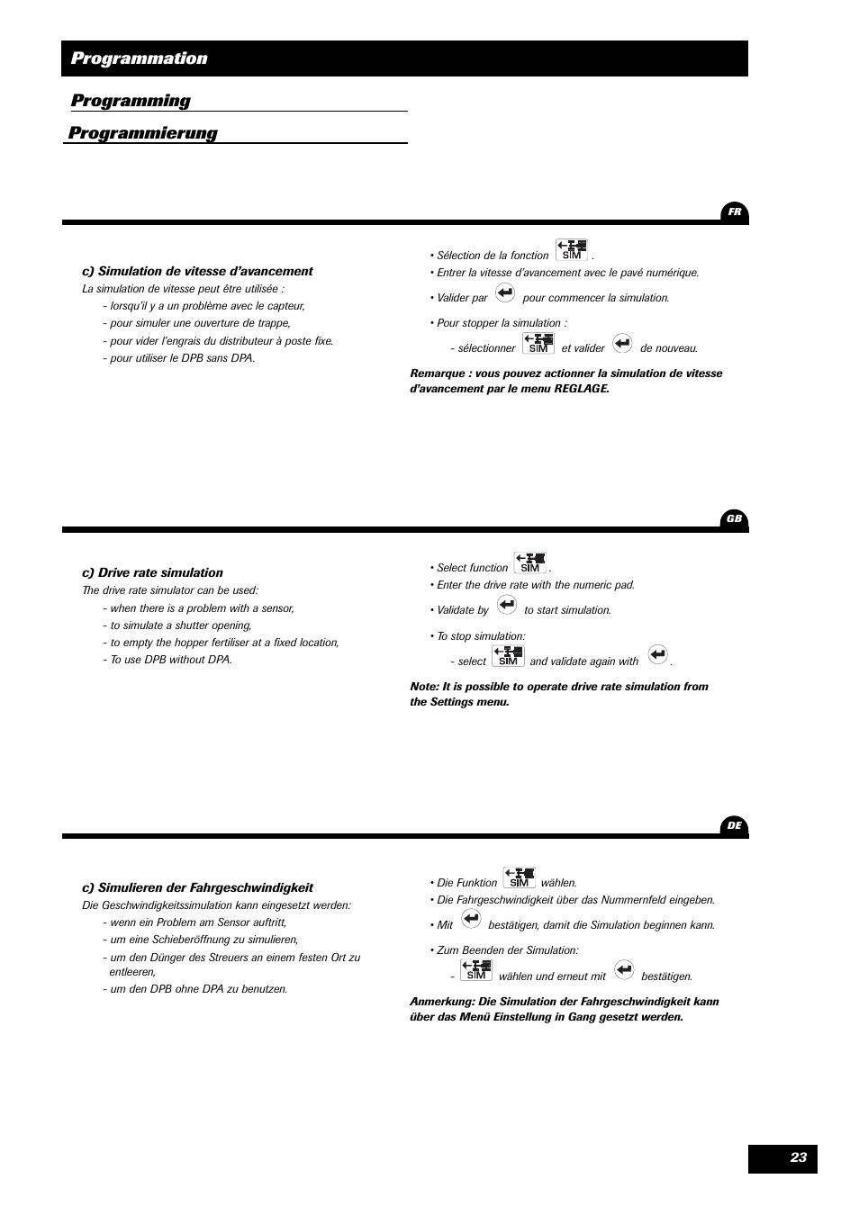 Programmation, Programming programmierung | Sulky VISION 1 DPB User Manual | Page 23 / 51