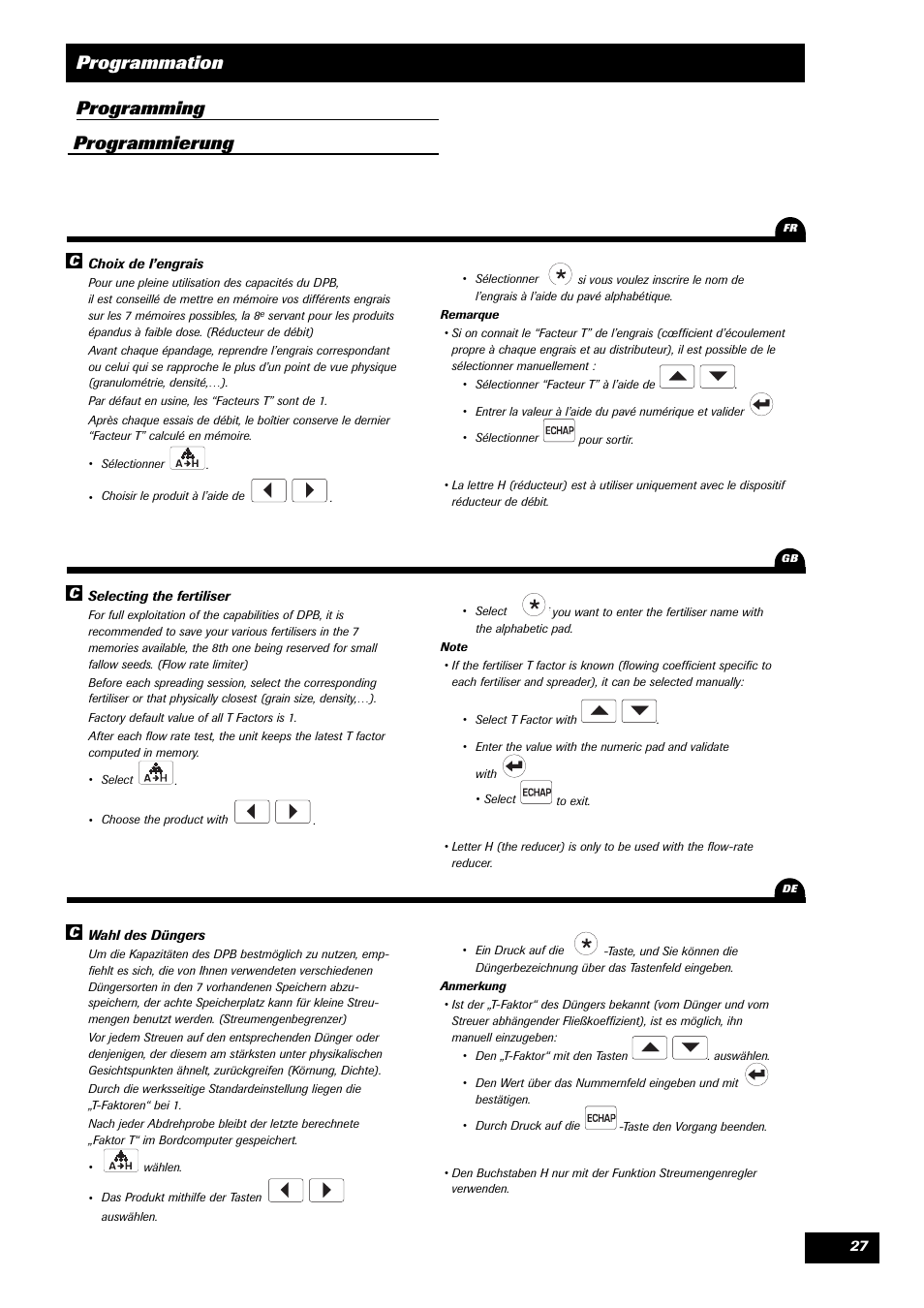 Programmation, Programming programmierung | Sulky VISION 1 DPB User Manual | Page 27 / 51