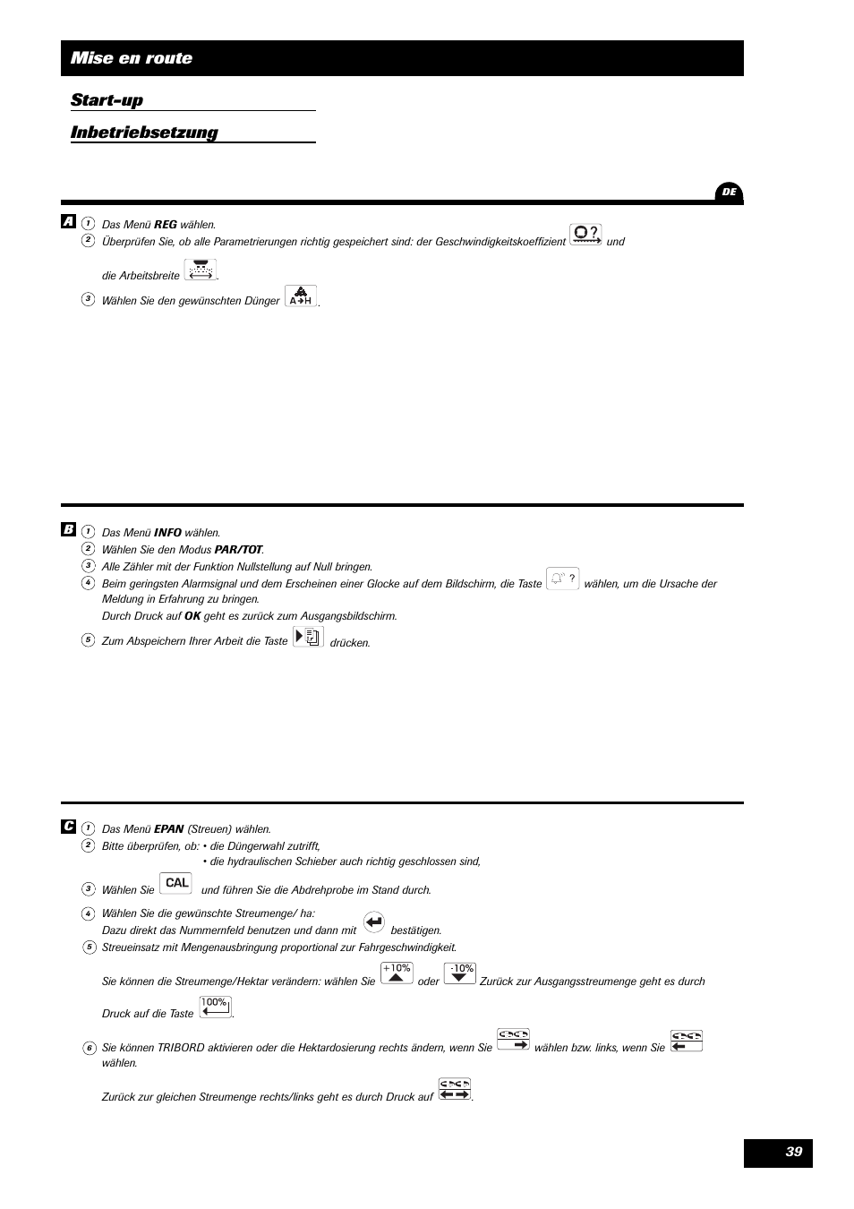 Mise en route start-up inbetriebsetzung | Sulky VISION 1 DPB User Manual | Page 39 / 51