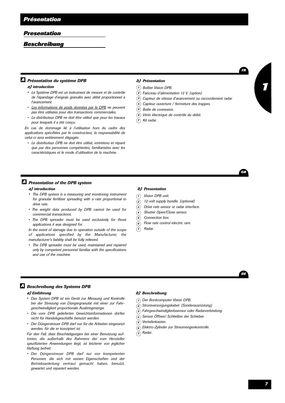 Présentation, Presentation beschreibung | Sulky VISION 1 DPB User Manual | Page 7 / 51