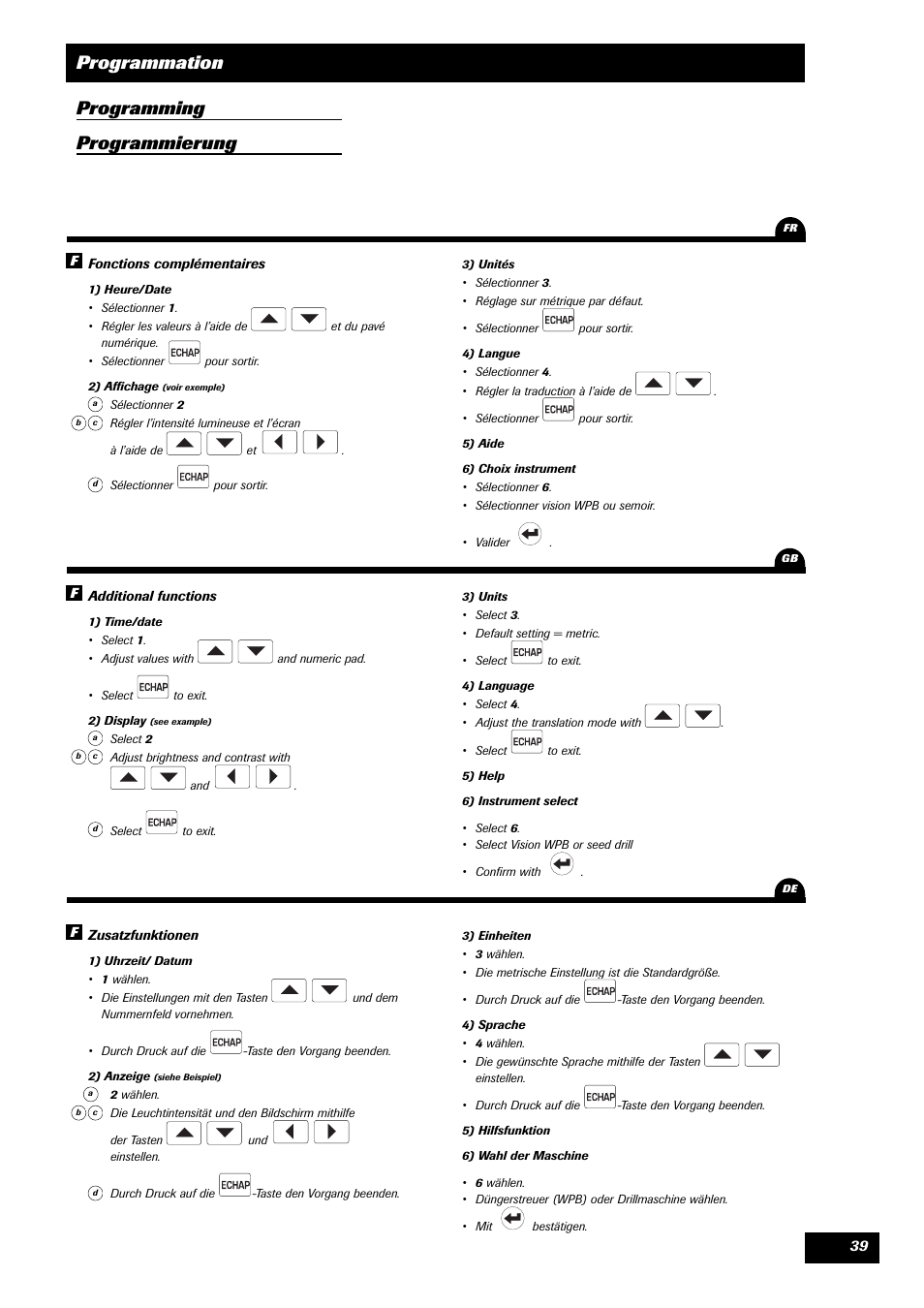 Programmation programming programmierung | Sulky VISION 1 WPB User Manual | Page 39 / 57