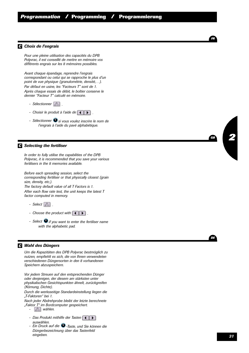 Programmation, Programming, Programmierung | Sulky VISION 2 DPB User Manual | Page 31 / 85