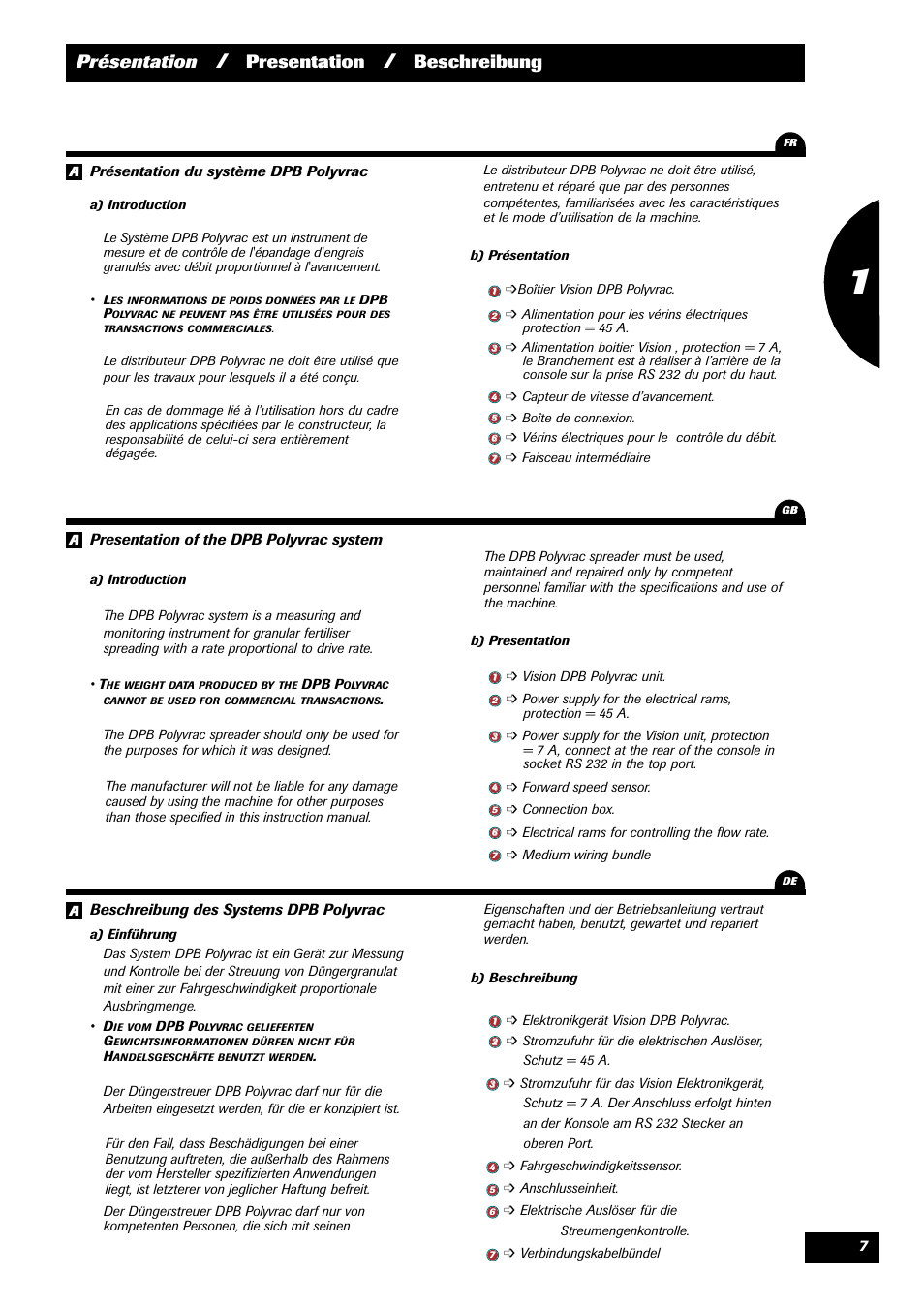 Présentation, Presentation, Beschreibung | Beschreibung des systems dpb polyvrac, Presentation of the dpb polyvrac system | Sulky VISION 2 DPB User Manual | Page 7 / 85