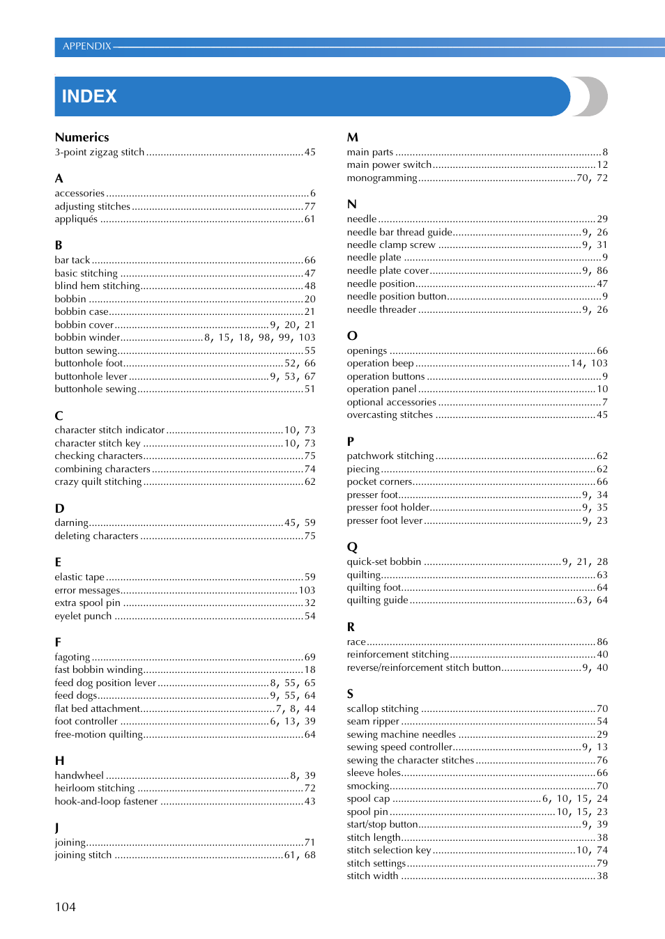 Index | Brother 885-V65 User Manual | Page 106 / 108
