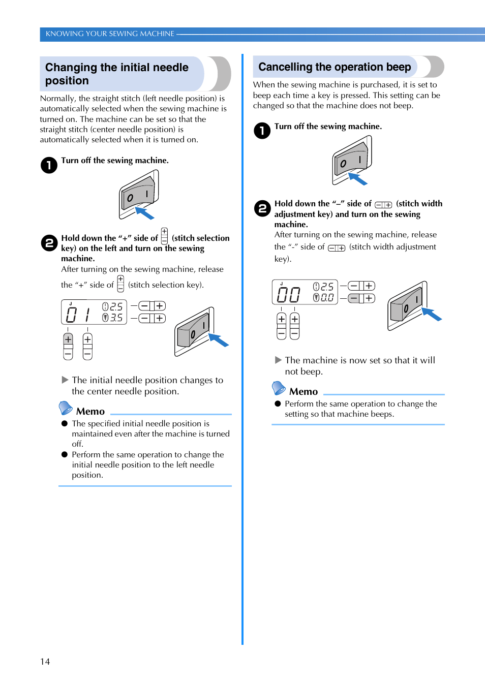 Changing the initial needle position, Cancelling the operation beep | Brother 885-V65 User Manual | Page 16 / 108