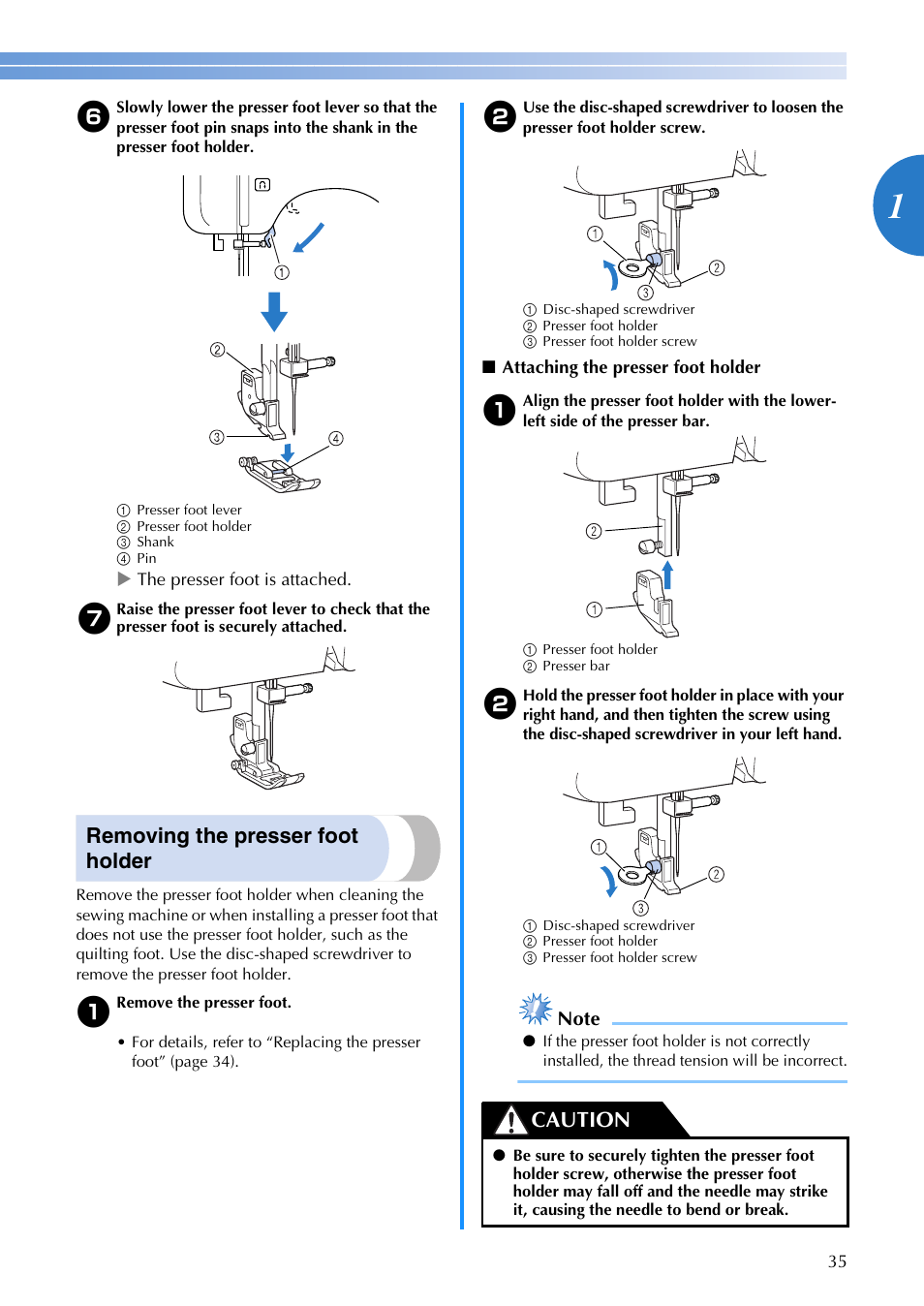 Removing the presser foot holder, Caution | Brother 885-V65 User Manual | Page 37 / 108