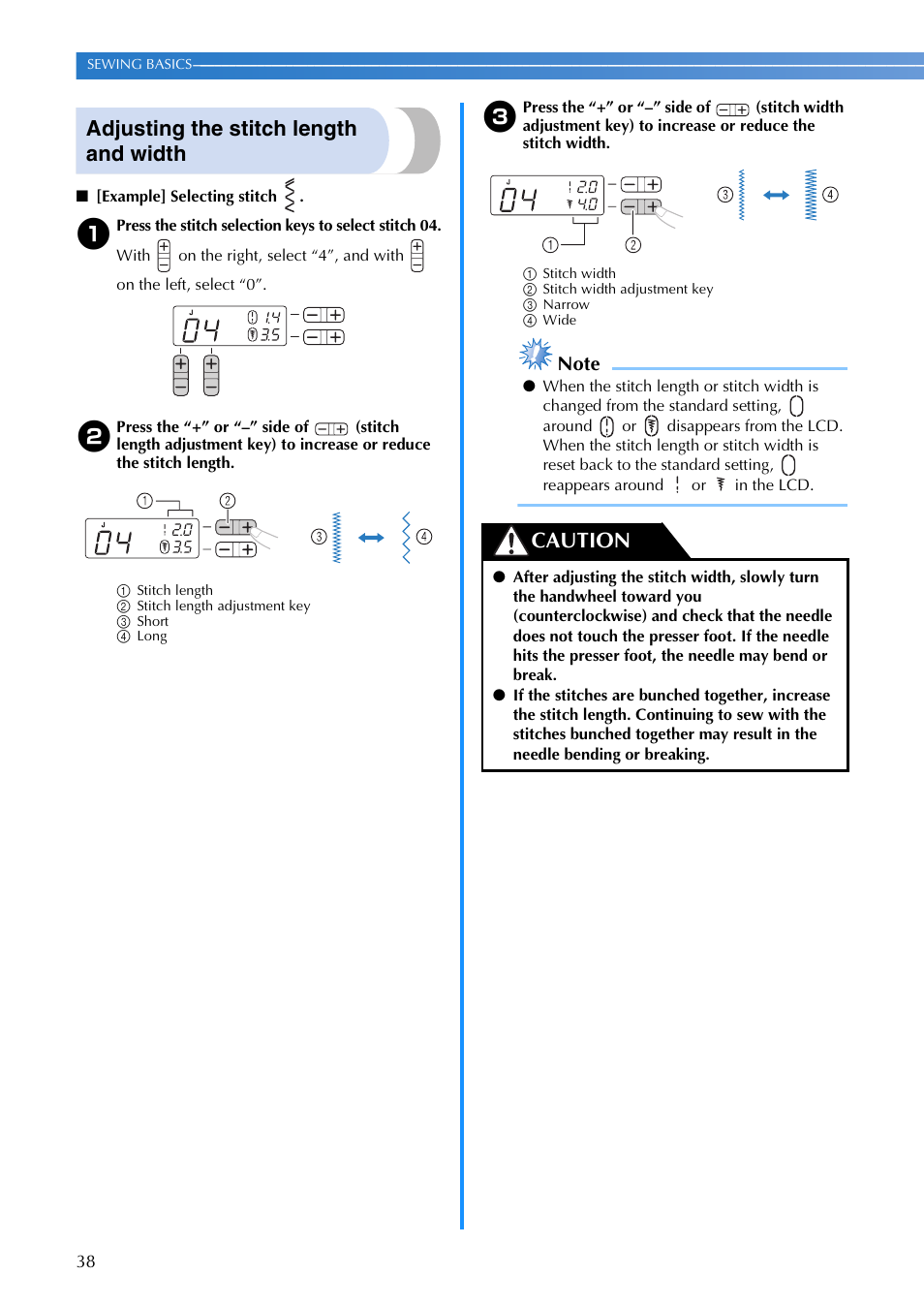 Adjusting the stitch length and width, Caution | Brother 885-V65 User Manual | Page 40 / 108