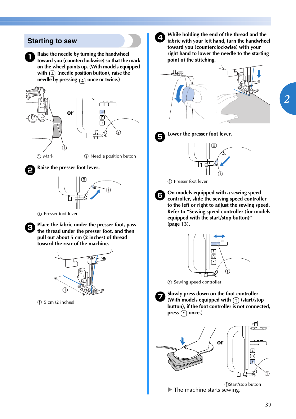 Starting to sew | Brother 885-V65 User Manual | Page 41 / 108