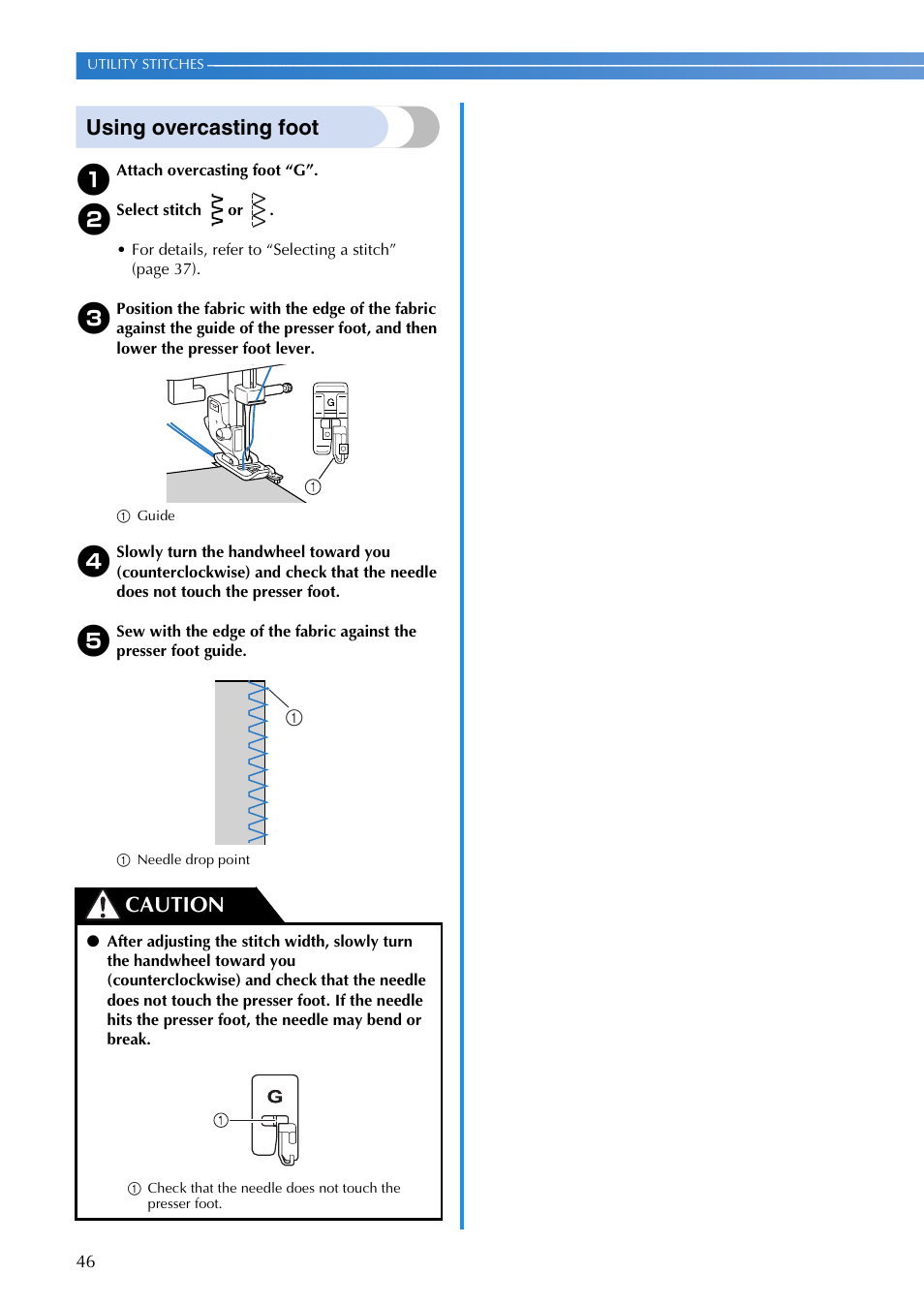 Using overcasting foot, Caution | Brother 885-V65 User Manual | Page 48 / 108