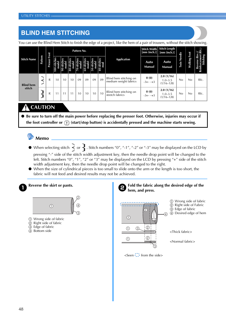 Blind hem stitching, Caution | Brother 885-V65 User Manual | Page 50 / 108