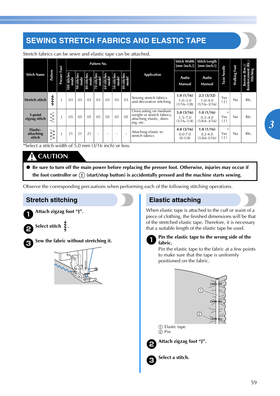 Sewing stretch fabrics and elastic tape, Stretch stitching, Elastic attaching | Caution | Brother 885-V65 User Manual | Page 61 / 108
