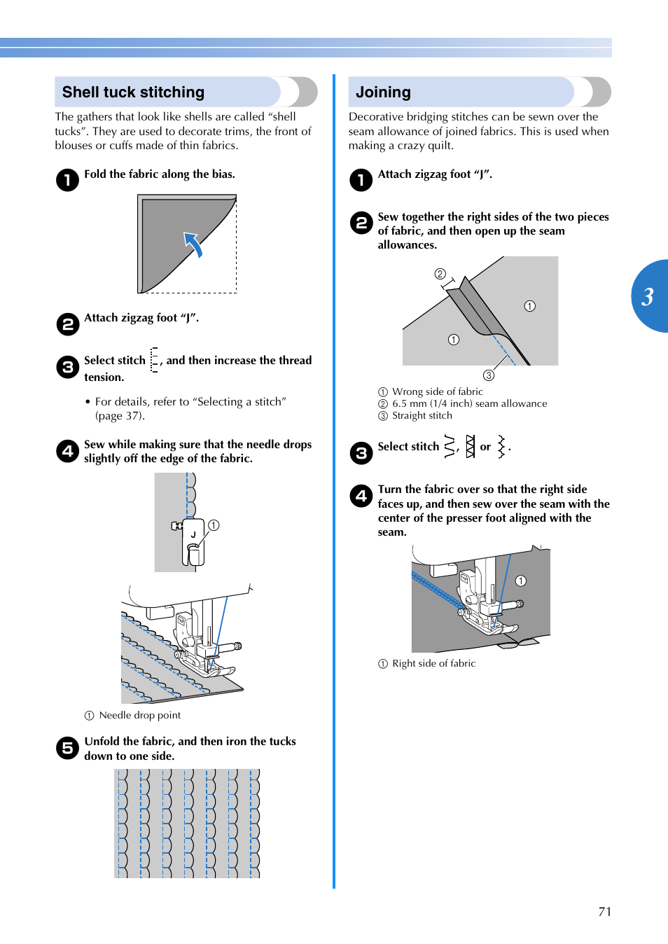 Shell tuck stitching, Joining | Brother 885-V65 User Manual | Page 73 / 108
