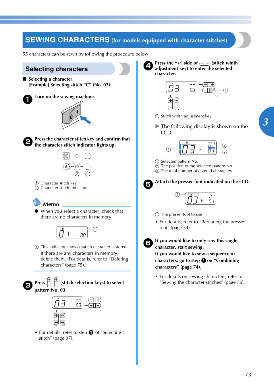 Sewing characters, Selecting characters, For models equipped with character stitches) | Brother 885-V65 User Manual | Page 75 / 108