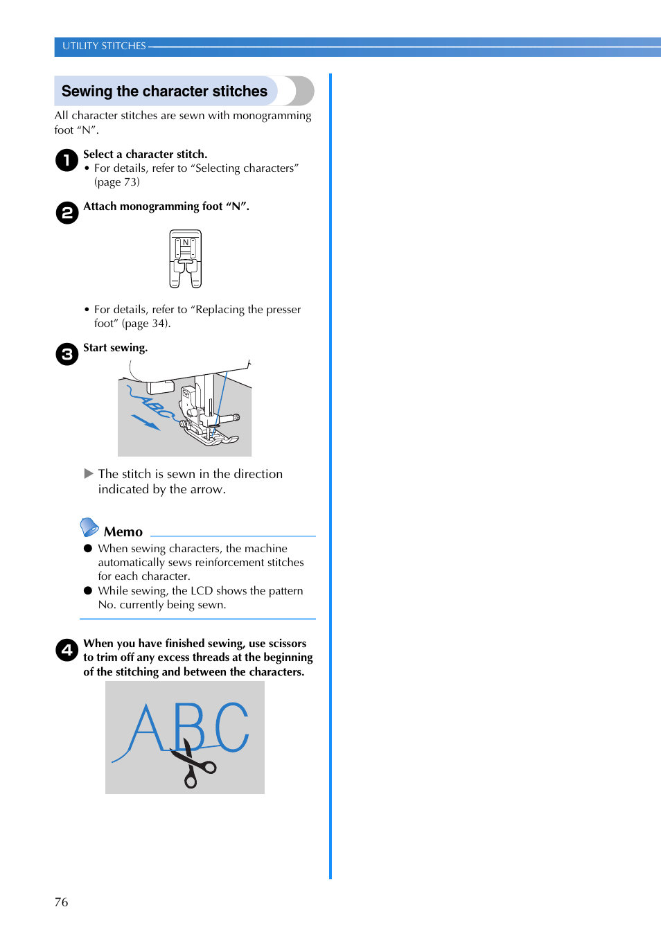 Sewing the character stitches | Brother 885-V65 User Manual | Page 78 / 108