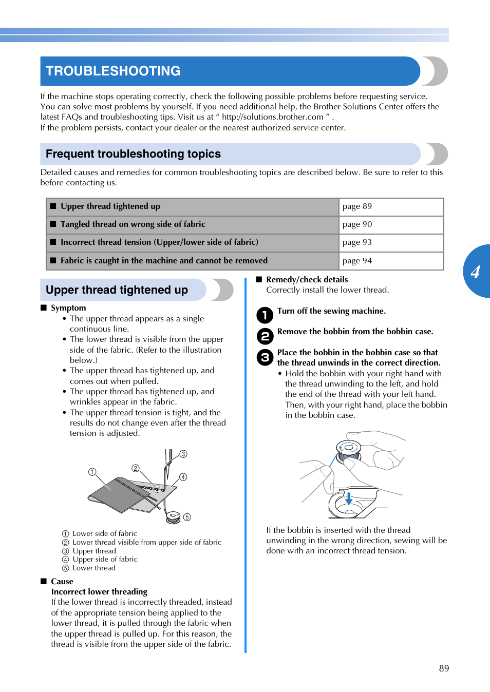 Troubleshooting, Frequent troubleshooting topics, Upper thread tightened up | Brother 885-V65 User Manual | Page 91 / 108
