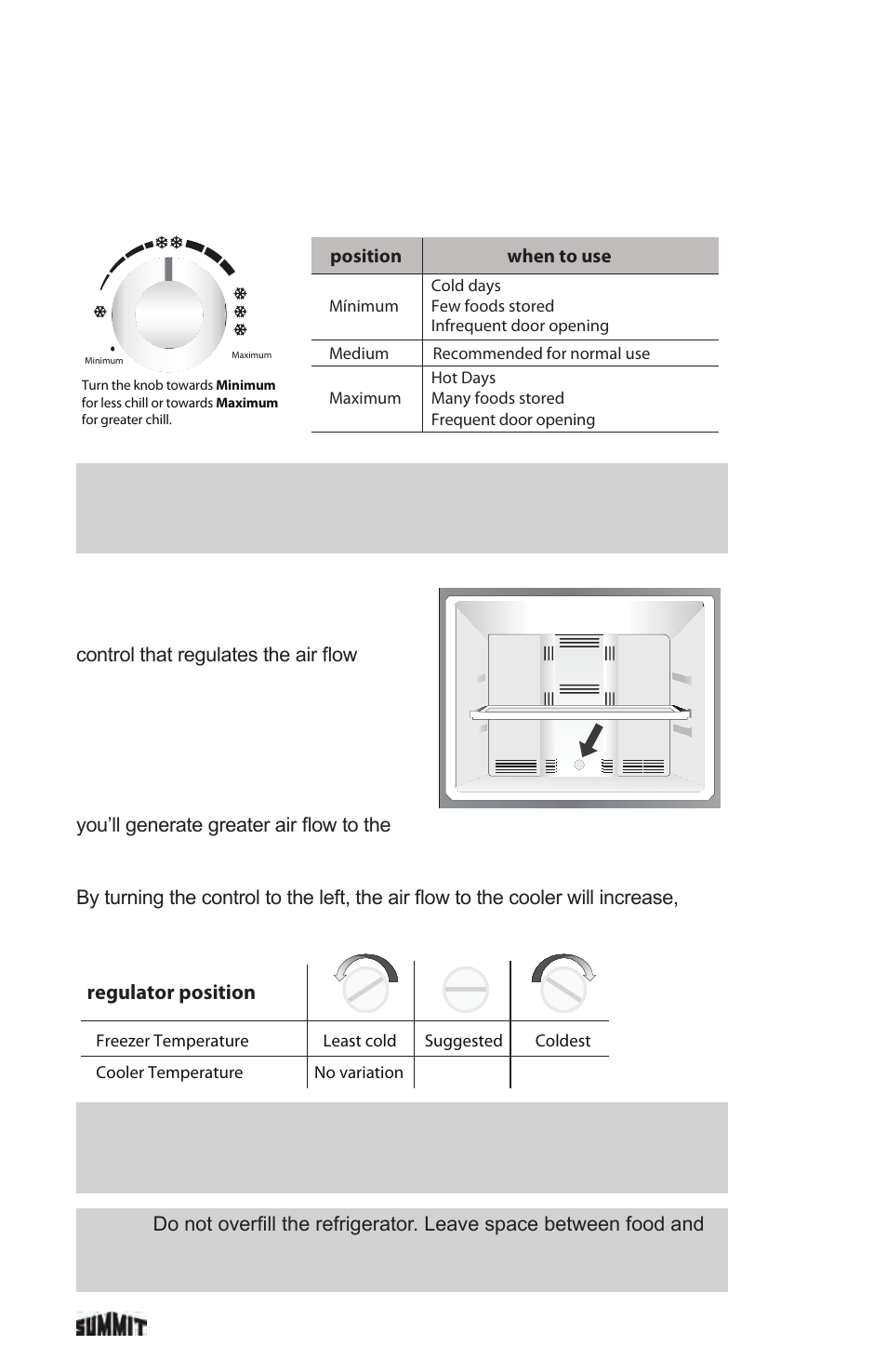Regulator position, General temperature control, Air regulator | Position when to use, Important, Frequent door opening | Summit FF1935PL User Manual | Page 10 / 35
