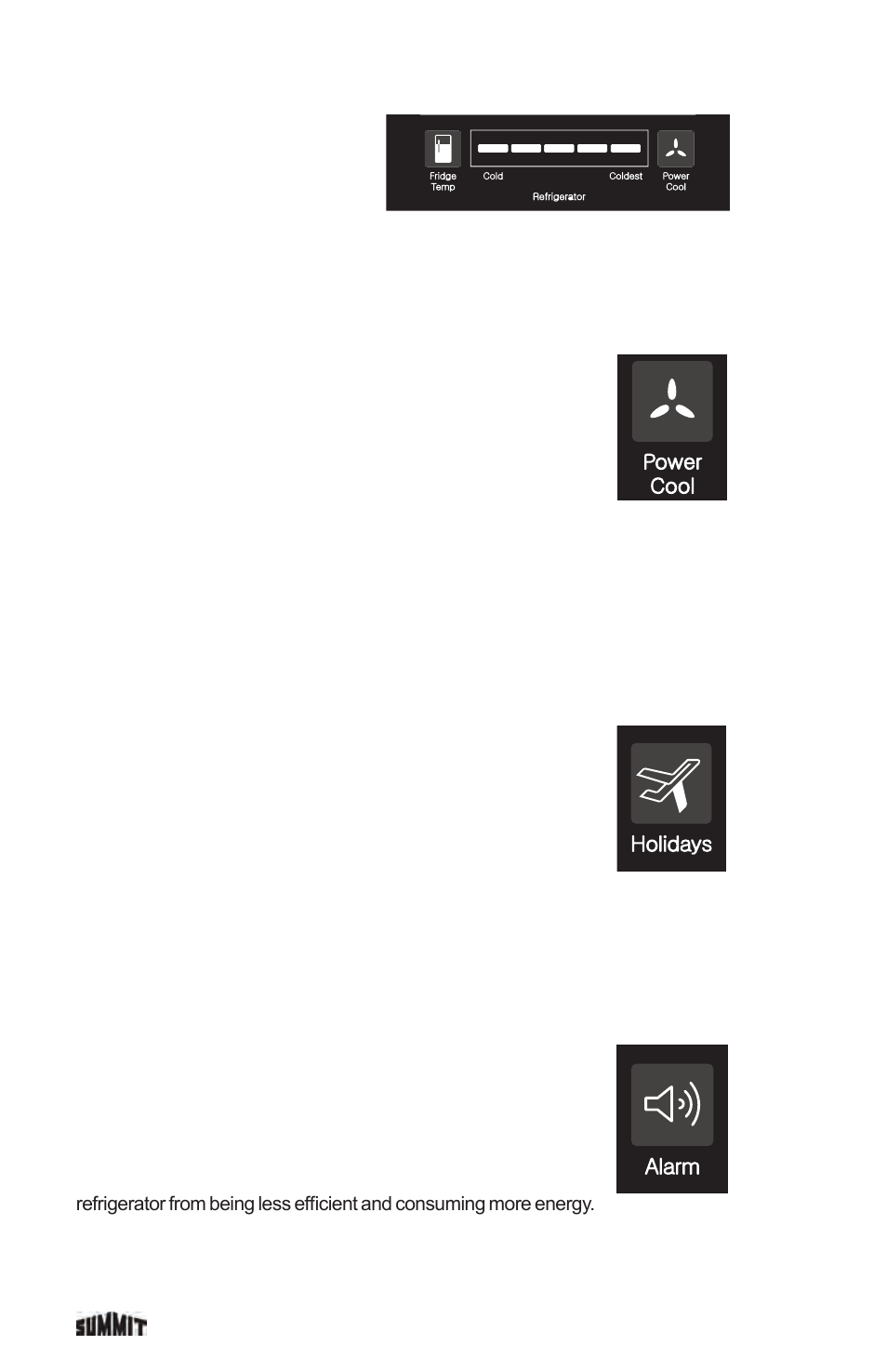 Exterior temperature control, Power cool function, Holidays function | Alarm function | Summit FF1935PL User Manual | Page 16 / 35