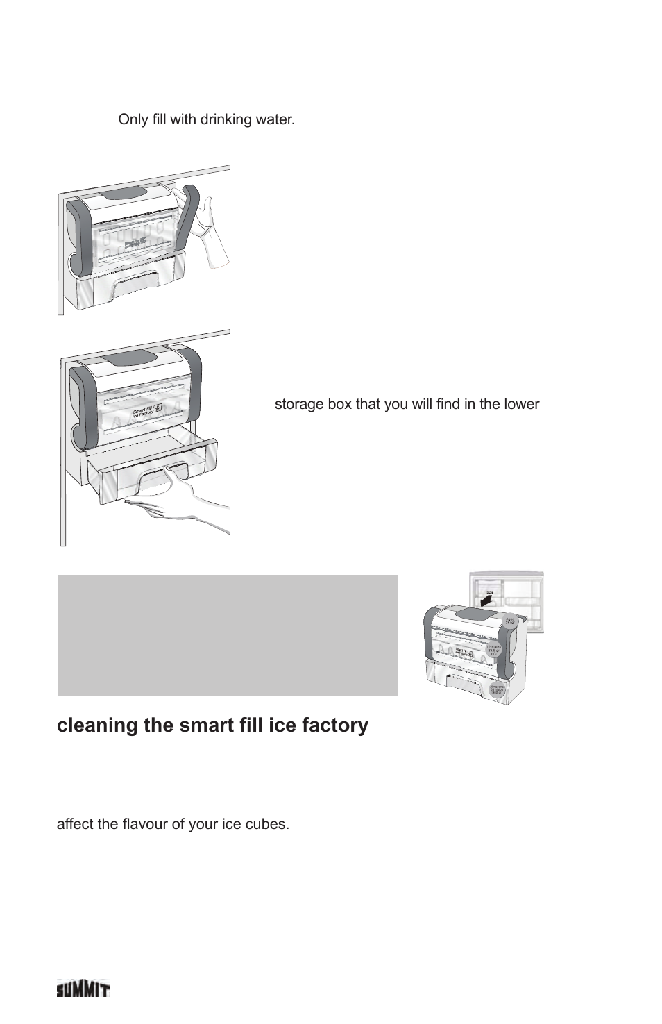 Cleaning the smart fill ice factory, Cleaning the cylinder, Removal of ice | Summit FF1935PL User Manual | Page 20 / 35