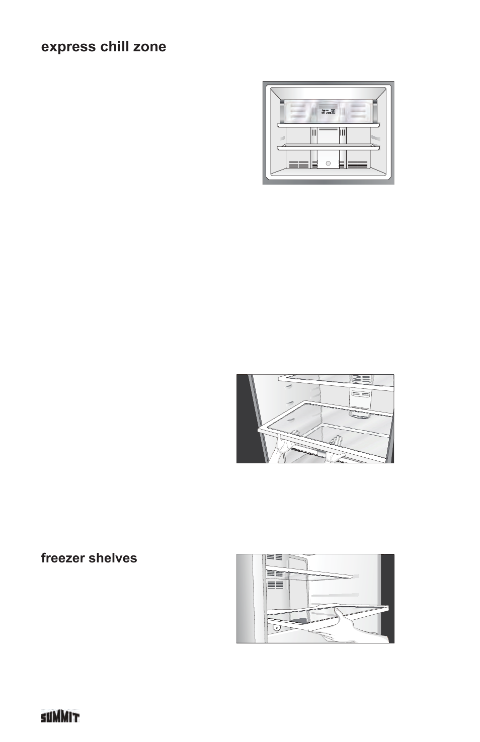 Express chill zone, Safety glass spill guard shelves, How to remove the shelves | Freezer shelves | Summit FF1935PL User Manual | Page 24 / 35