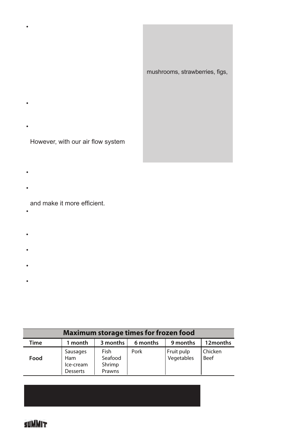 Maximum storage times for frozen food | Summit FF1935PL User Manual | Page 28 / 35
